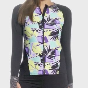 Beach House Black Rash Guard Jacket with Purple, Aqua & Yellow Print